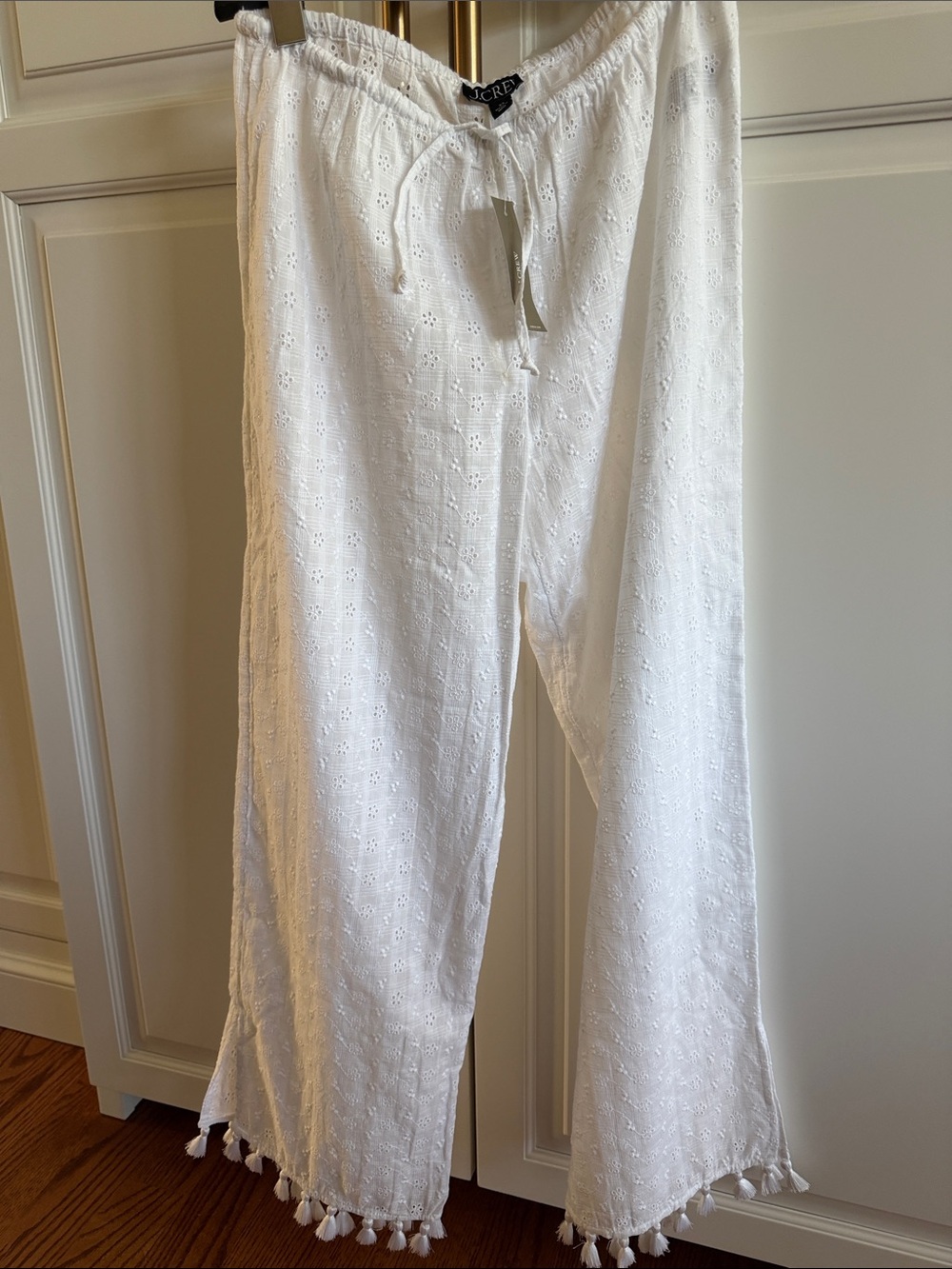 J. Crew crisp White Eyelet Tassel-Hem Lounge or Beach Pants XS NWT